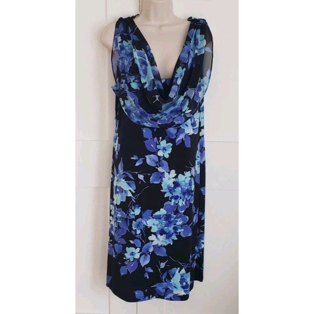 NEW CONNECTED APPAREL FLORAL BLACK BLUE COWL NECK MIDI DRESS SZ 14